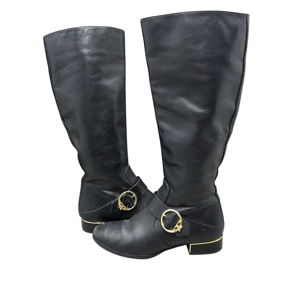 Tory Burch Black Leather Knee High Riding Boots Gold Logo Buckle 10M